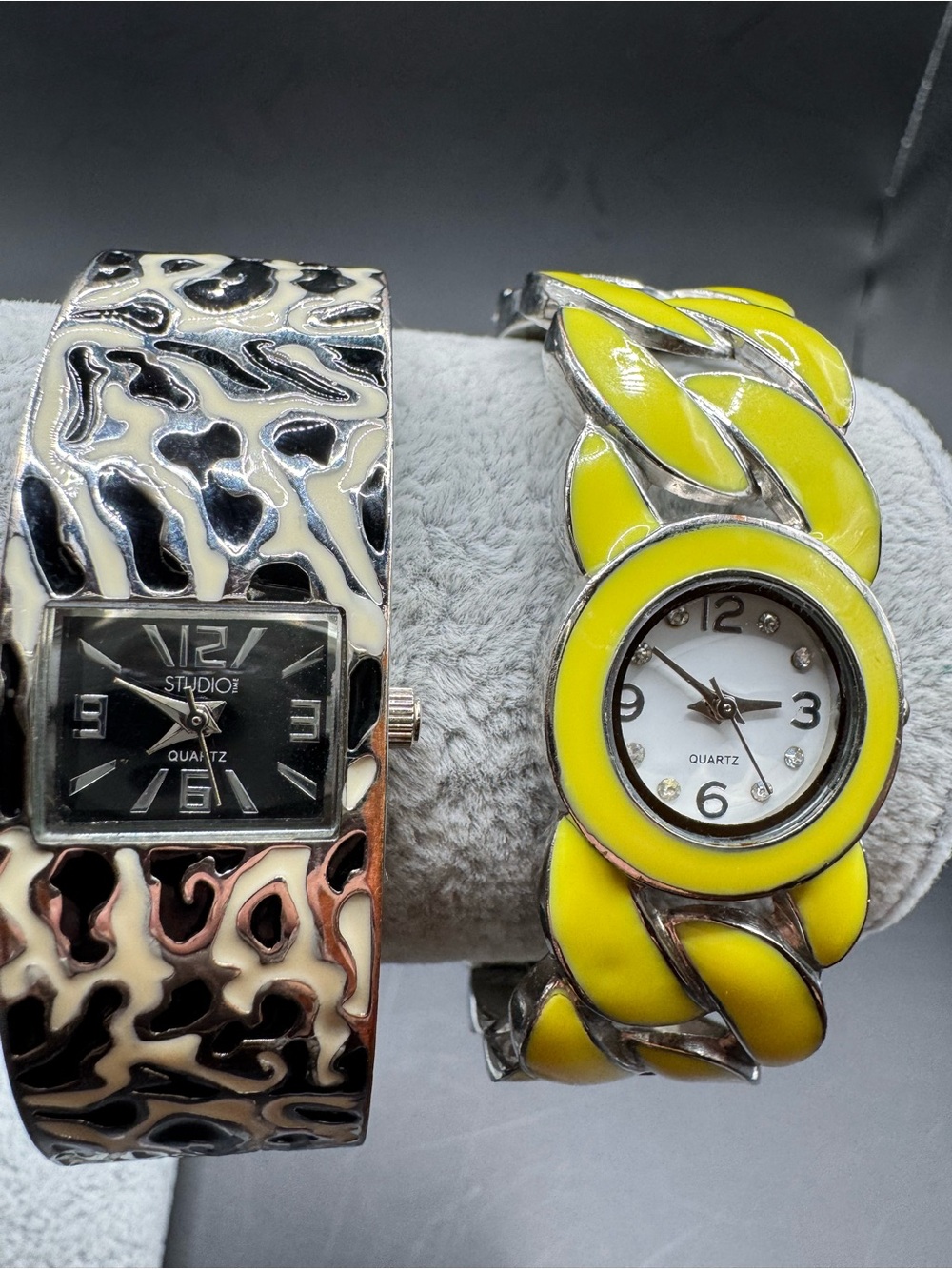 2 Women's Enamel Cuff Bangle Quartz Watches Studio Time Yellow Black White